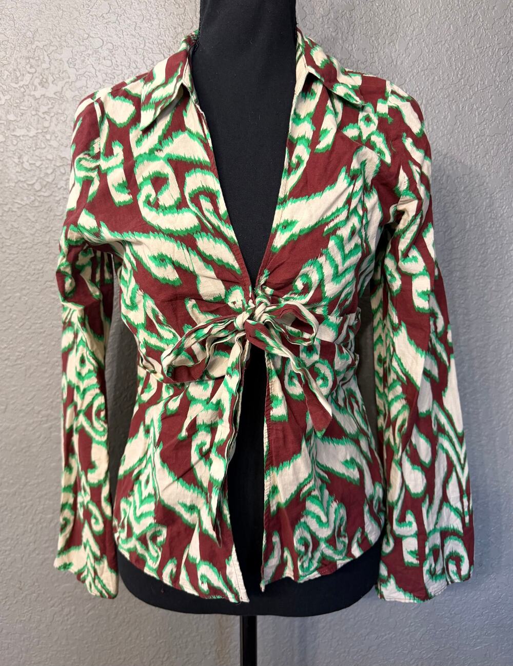 Zara Womens Sz M Tie Up Abstract Print Collared Shirt Blouse Top Brown Green